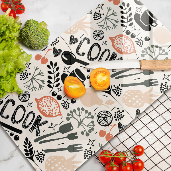 Steklena podloga za rezanje Motiv risane kuhinje