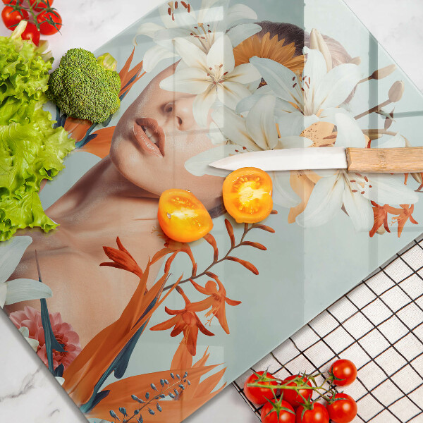 Steklena podloga za rezanje Ženska v rožah