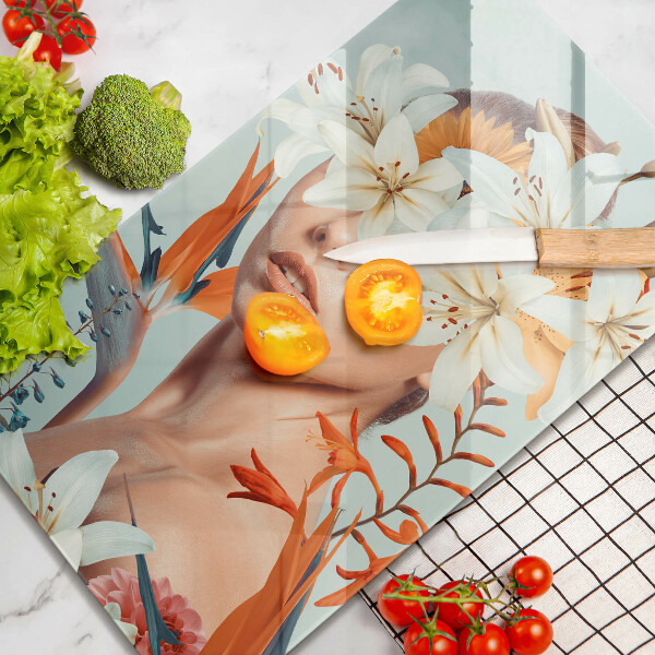 Steklena podloga za rezanje Ženska v rožah