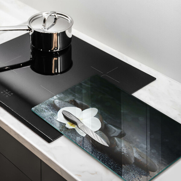 Steklena podloga za rezanje Beli cvetovi zen kamni