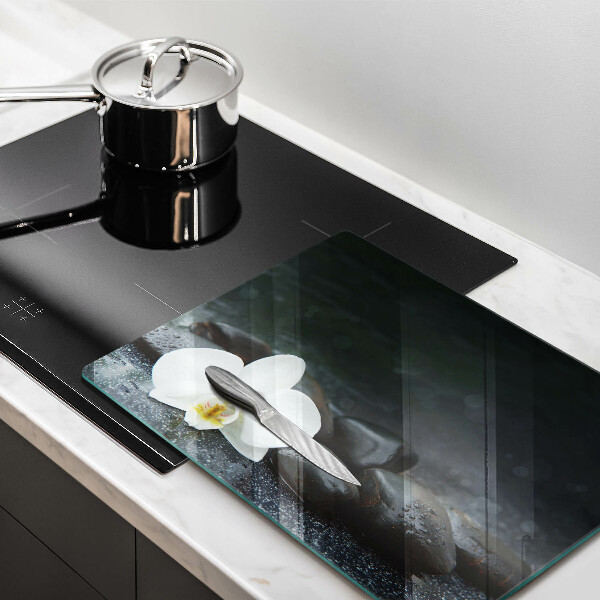 Steklena podloga za rezanje Beli cvetovi zen kamni