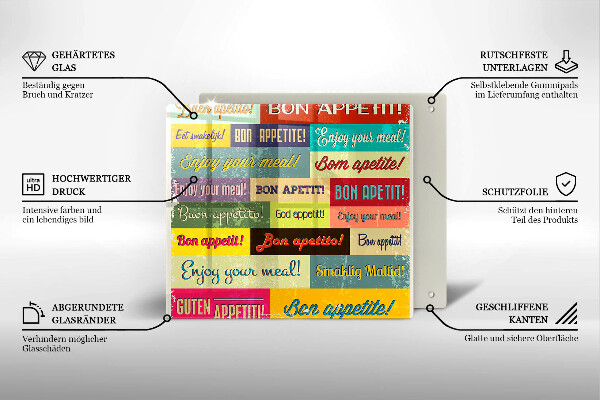 Steklena podloga za rezanje Podnapisi Bon appetit jeziki