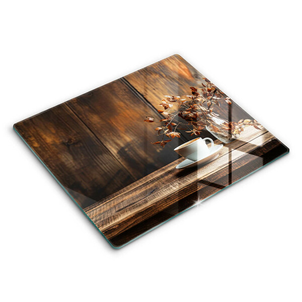 Steklena podloga za rezanje Skodelica za kavo in les