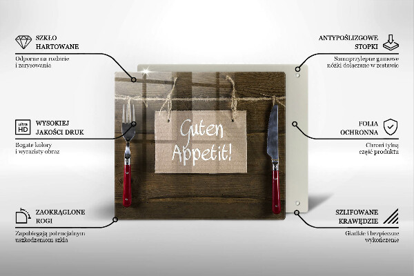 Steklena podloga za rezanje Napis Guten Apetit na deskah