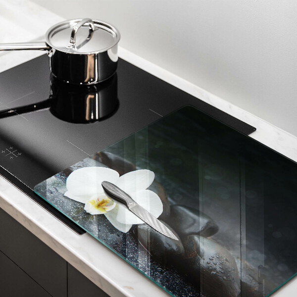 Steklena podloga za rezanje Beli cvetovi zen kamni