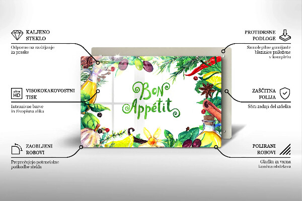 Steklena podloga za rezanje Napis Bon Appetit