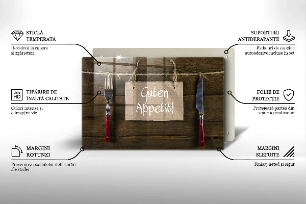 Steklena podloga za rezanje Napis Guten Appetit na lesenih deskah