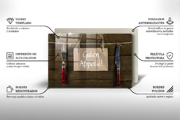 Steklena podloga za rezanje Napis Guten Appetit na lesenih deskah