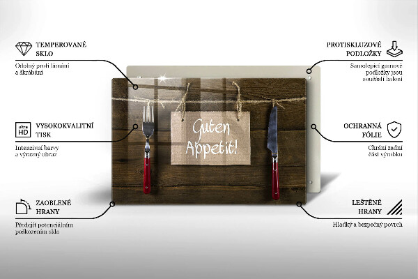 Steklena podloga za rezanje Napis Guten Appetit na lesenih deskah