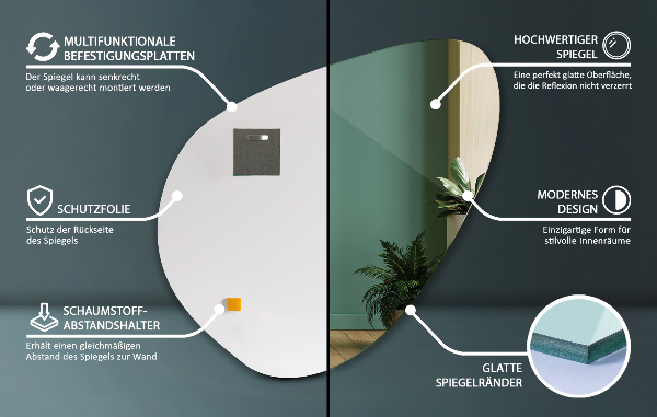 Ogledalo stensko organske oblike, lepo asimetrično 77x77 cm
