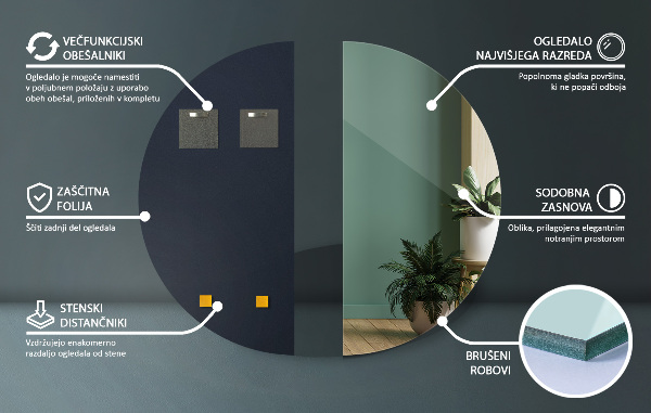 Polkrožno stensko ogledalo brez okvirja 35x70 cm