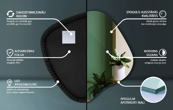 Organsko ogledalo z LED osvetlitvijo 48x48 cm