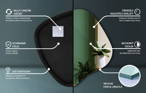 Organsko ogledalo z LED osvetlitvijo 77x77 cm