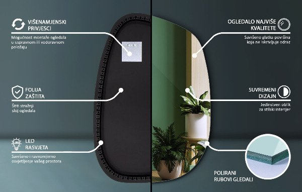 Asimetrično ogledalo packa z led osvetlitvijo 49x34 cm