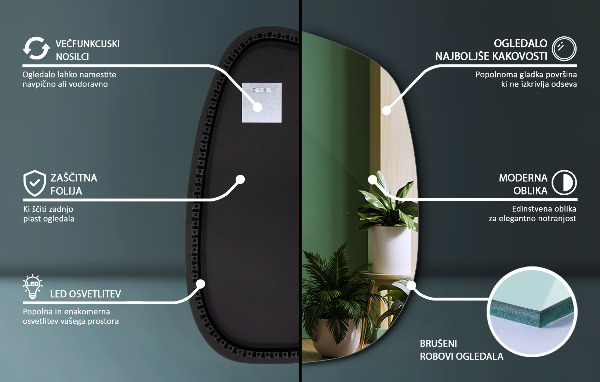 Asimetrično ogledalo packa z led osvetlitvijo 91x66 cm