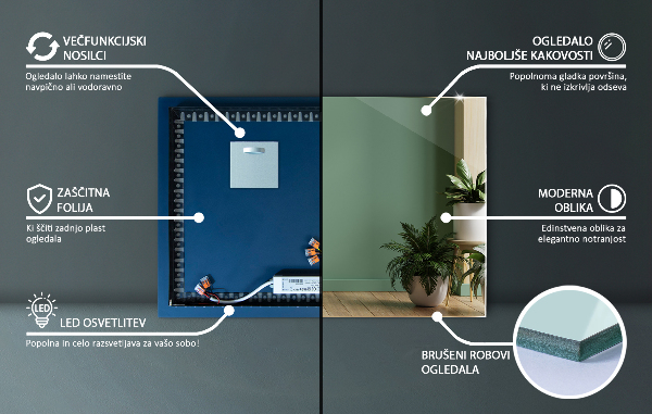 Pravokotno ogledalo z led osvetlitvijo 50x50 cm
