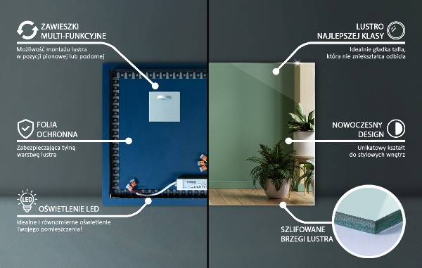 Pravokotno stensko ogledalo z led osvetlitvijo 80x60 cm