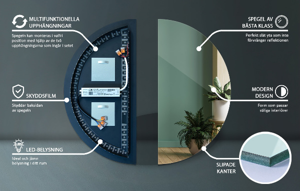 Polkrožno ogledalo z led osvetlitvijo 25x50 cm