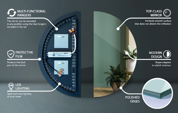 Polkrožno ogledalo z led osvetlitvijo 25x50 cm