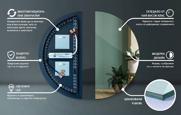 Polkrožno ogledalo z lučko 35x70 cm