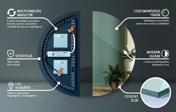 Polkrožno ogledalo z lučko 35x70 cm