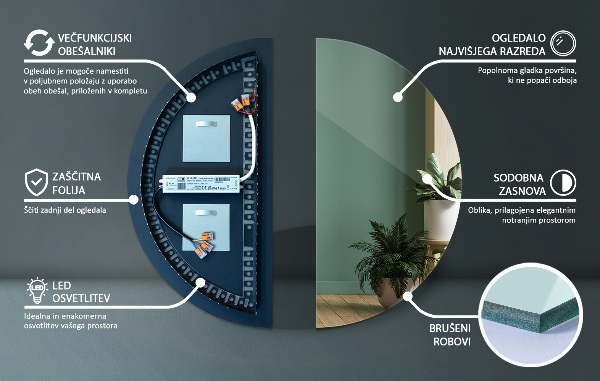 Polkrožno ogledalo z lučko 35x70 cm