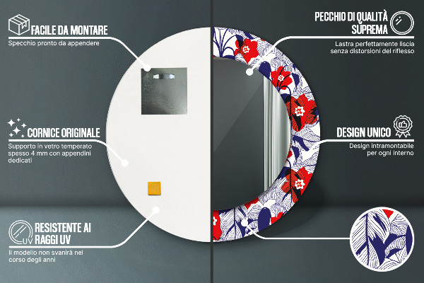 Ogledalo z okrasnim okvirjem Filodendron in rdeče cvetje