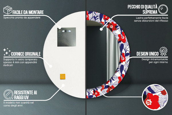 Ogledalo z okrasnim okvirjem Filodendron in rdeče cvetje