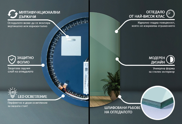 Polkrožno led ogledalo 74x90 cm