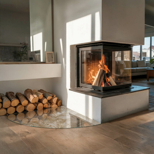 Četrtina kroga ognjevarno steklo za kamin Listi v subtilnih vzorcih