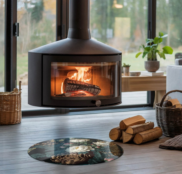 Okrogla steklo za pod kamin Cvetlični vzorec z metulji