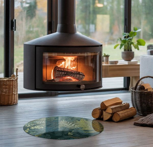 Okrogla steklena podložna plošča za kamin Rastlinski motivi z metulji