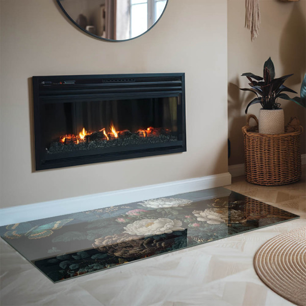 Pravokotna steklo za kamin Cvetlični vzorec z metulji