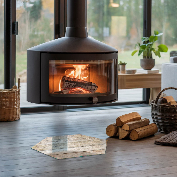 Šesterokotna steklo za pod kamin Lesena deska v postavitvi