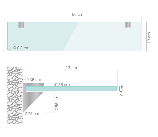 Steklena polica za pod ogledalo 60x13 cm
