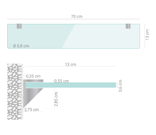 Polica iz kaljenega stekla za kopalnico 70x13 cm