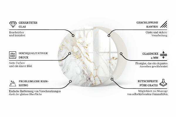 Okrogla steklena mizna plošča z natisom Vzorec marmorja z žilami