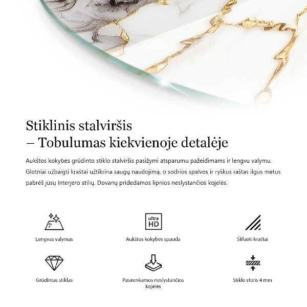 Okrogla steklena mizna plošča z natisom Marmorni teksturni motiv